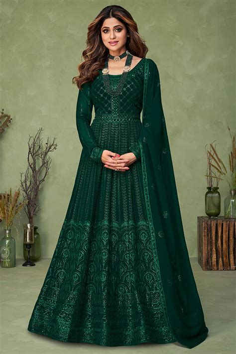 Buy Bottle Green Georgette Embroidered Anarkali Dress Online Like A Diva