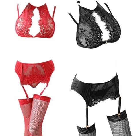 Jual B Bra Set Seksi Bikini Bralette Lace Transparan Crotchless Dapat Stocking Shopee Indonesia