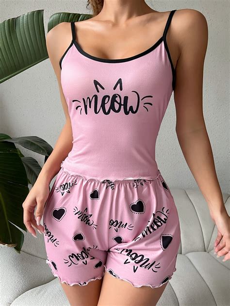 Letter Graphic Contrast Binding Pj Set Shein Usa