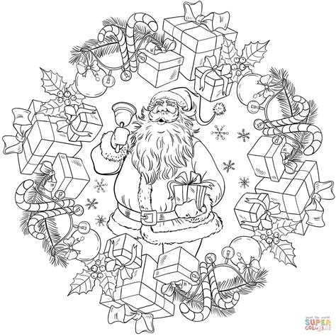 Christmas Mandala With Santa Claus And Presents Coloring Page Free