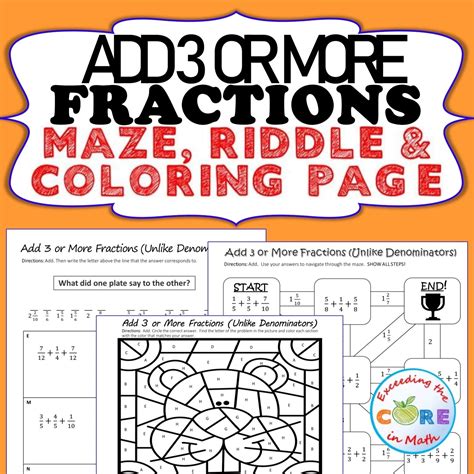 ADD 3 OR MORE FRACTIONS Maze Riddle Coloring Page