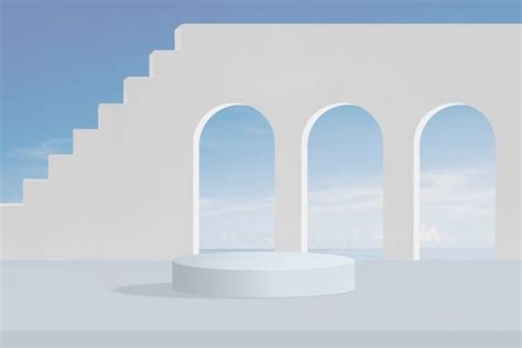 There Is An Empty White Pedestal In Front Of Arches