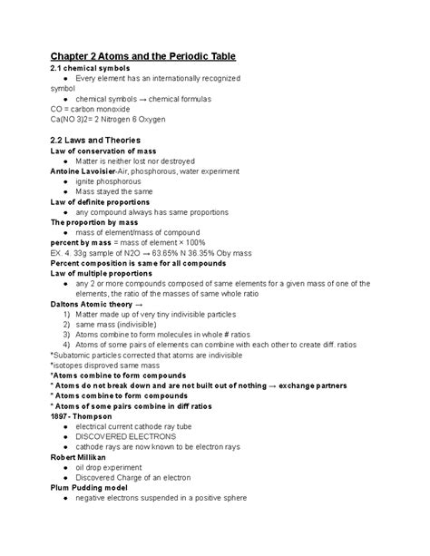 Chem Chapter 2 Notes Chapter 2 Atoms And The Periodic Table 2