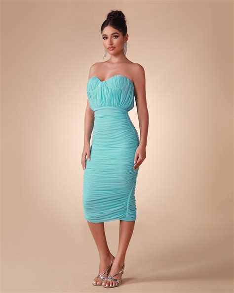 Blue Strapless Ruched Midi Dress Fp23080 Wolddress