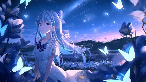 Download Wallpaper 1920x1080 Girl Butterflies Night Anime Full Hd Hdtv Fhd 1080p Hd Background