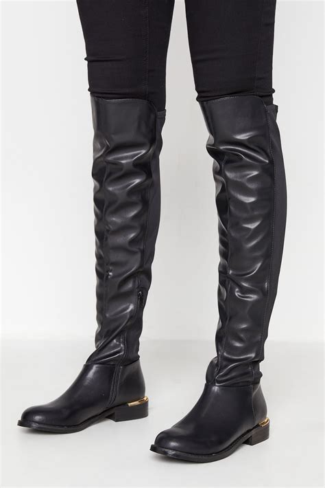 LTS Black Faux Leather Over The Knee Stretch Boots In Standard D Fit