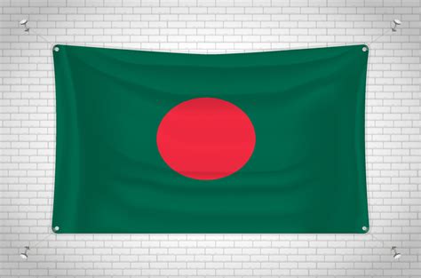 Bangladesh flag hanging on brick wall. 3D drawing. Flag attached to the wall. Neatly drawing in ...