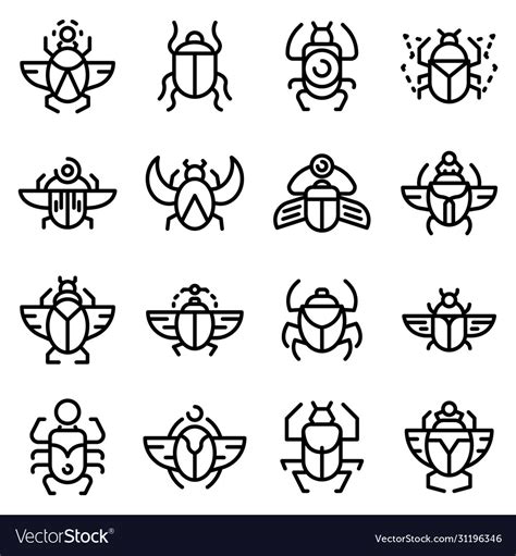 Scarab Beetle Icons Set Outline Style Royalty Free Vector