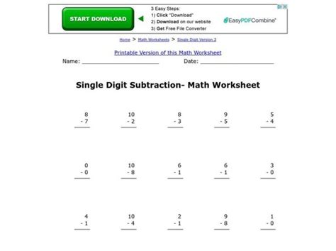 Single Digit Subtraction Worksheet For 1st 3rd Grade Lesson Planet