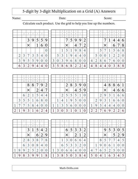 5 Digit By 3 Digit Multiplication With Grid Support Including Regrouping A