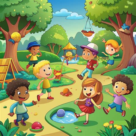 Premium Vector | A cartoon illustration of children playing in a park ...