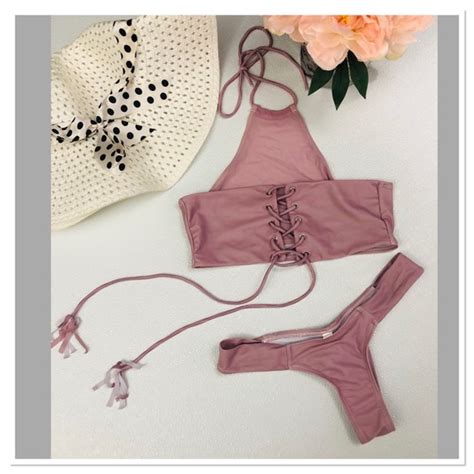 Swim Mesh Nude Blush Pink Lace Up Ruched Bikini Set Poshmark