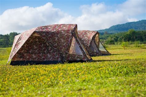 Tenda De Viagem No Campo De Flores Amarelas E Vista Para A Montanha