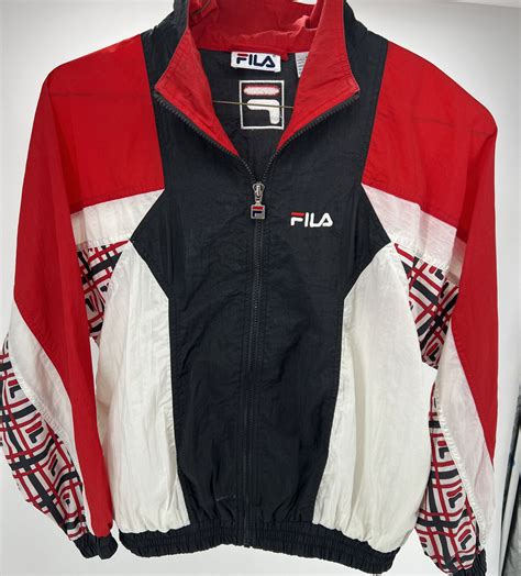 Vintage Fila Windbreaker Track Jacket Black Red White Patterned Full