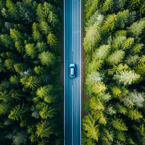 Premium Photo Aerial View Blue Car Driving Down An Asphalt Road