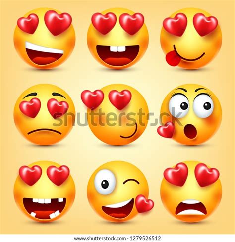 Emoji Smiley With Red Heart Vector Set Valentines Day Yellow Cartoon