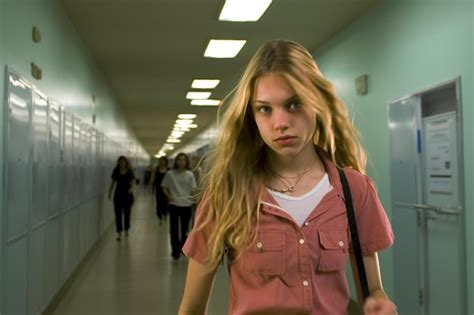 Premium AI Image A Girl With Long Blonde Hair Is Walking In A Hallway With A Camera On Her