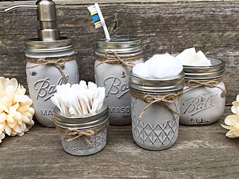 White Rustic Mason Jar Bathroom Set Mason Jar Decor Repurposed