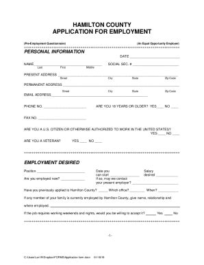 Fillable Online HAMILTON COUNTY APPLICATION FOR EMPLOYMENT Fax Email