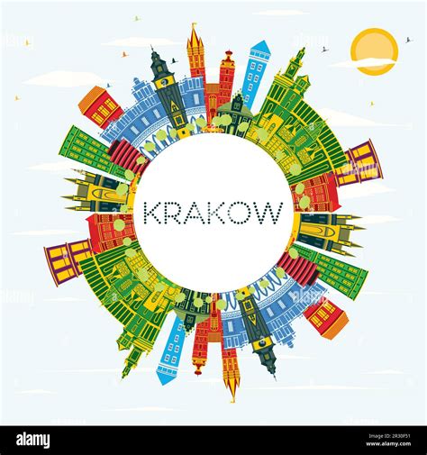 Krakow Poland City Skyline With Color Buildings Blue Sky And Copy