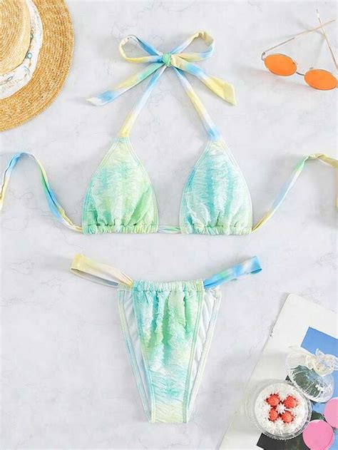 SHEIN Swim Vcay Bañador bikini triángulo halter de tie dye Moda de