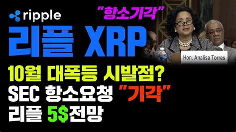 리플 XRP 긴급 SEC 항소요청 기각 10월 대폭등 시발점 되나 리플 5달러 전망 코인시황 YouTube