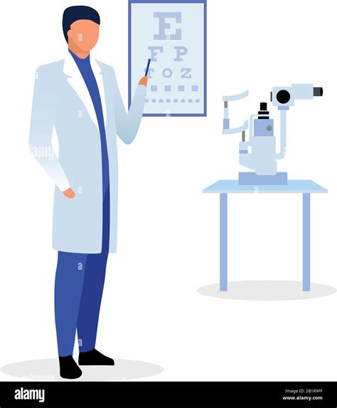 Doctor with eyesight chart flat vector illustration. Ophthalmologist checking visual acuity ...