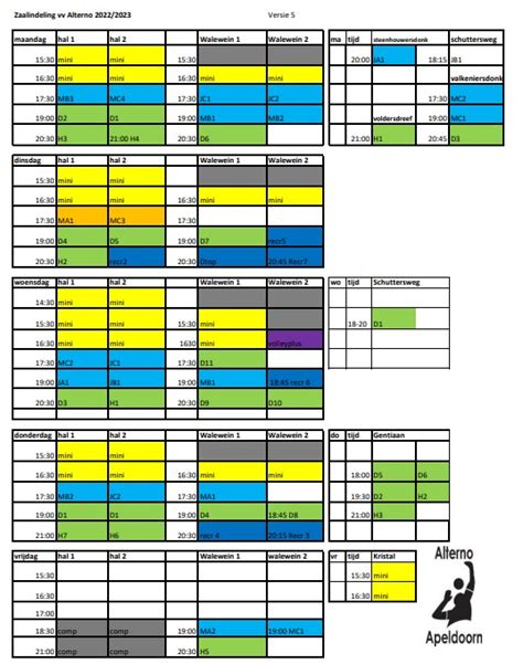 Trainingsrooster 2022 2023 Volleybalvereniging Alterno Apeldoorn