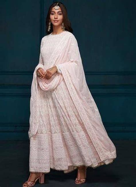 Beautiful Heavy Pink Chikankari Anarkali Dress With Dupatta Etsy