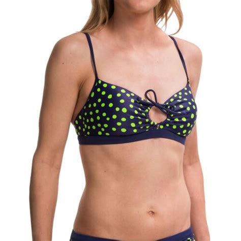 Roxy White Wash Tunnel Front Bikini Swim Top Navy Green Polka Dots