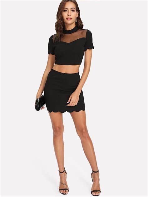 Shein Scallop Trim Mesh Insert Crop Top And Skirt Co Ord Crop Top Skirt