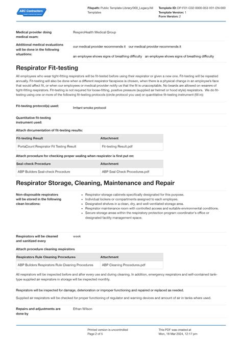 OSHA Respiratory Protection Program Plan Template