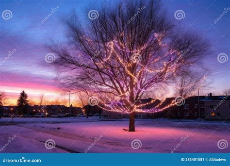 Twinkling Lights on an Outdoor Christmas Tree at Dusk Stock ...