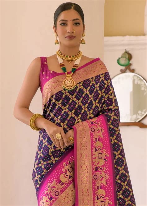 Navy Blue And Pink Banarasi Silk Saree Urban Womania