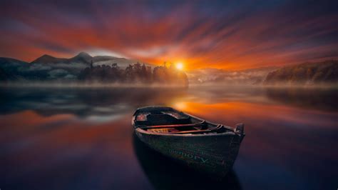 Sunset Wallpaper 4K, Boat, Lake, Reflections, Dawn