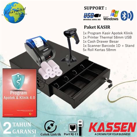 Jual Paket Kasir Apotek Klinik Printer Thermal Usb 58mm Cash Drawer