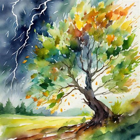 Watercolor Painting Of Tree Under Lightning Storm Stock Illustration