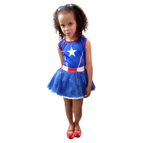 Fantasia Capitã América Infantil Vestido Capitão America Cosplay Super