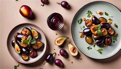 Top View Of Roasted Eggplant Salad And Pickled Plums On Plate On Nude Surface Premium AI