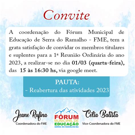 1ª Reunião Ordinária Do Do Fme 2023 Fme Fórum Municipal De