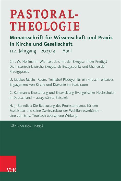 Pastoraltheologie Mit GPM 2023 Jg 112 Heft 4 Praktische Theologie