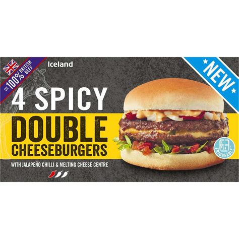 Iceland 4 100 British Beef Spicy Double Cheeseburgers 454g Burgers