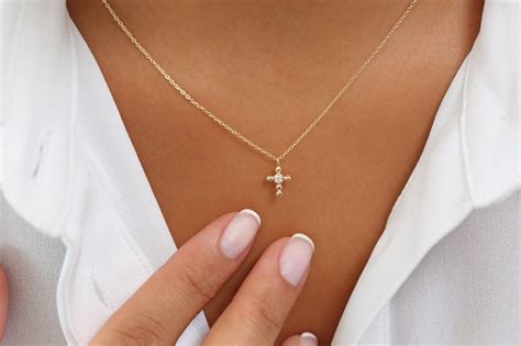 Diamond Cross Necklace Tiny Diamond Cross Pendant 14k Gold Etsy