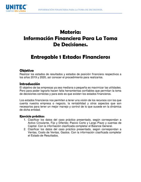 Entregable Estados Financieros Materia Informaci N Financiera Para