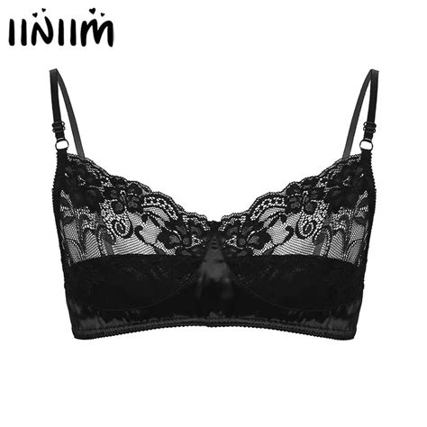 Mens Sissy Sheer Bra Top Spaghetti Straps Sexy Lace Cups Wireless Unlined Bralette Vest Gay