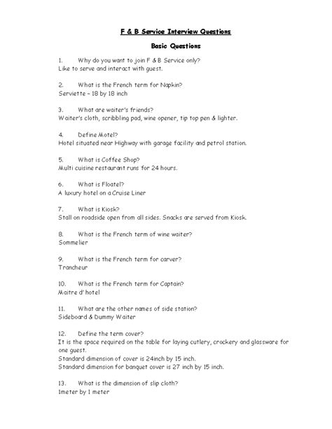 Interview questions of F & B Service OUESTION ANSWERS - F & B Service