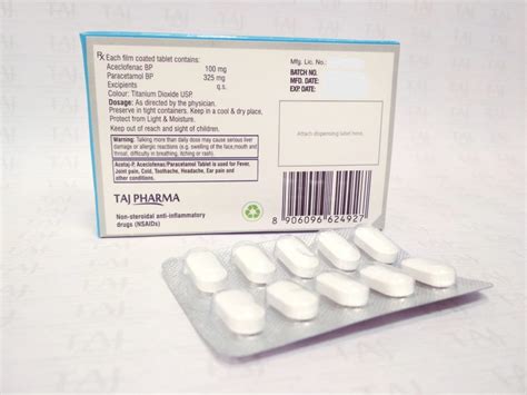 Aceclofenac And Paracetamol Tablets Bp 100mg325mg Acetaj P Taj