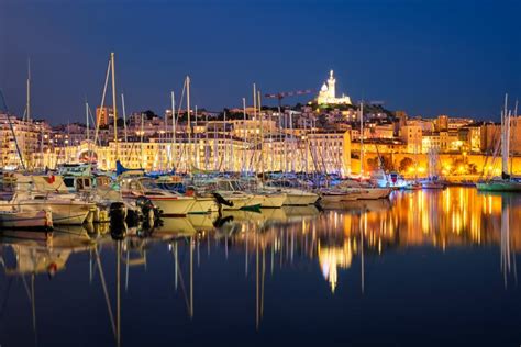 Marseille Old Port and Fort Saint-Jean in Night. Marseille, France ...