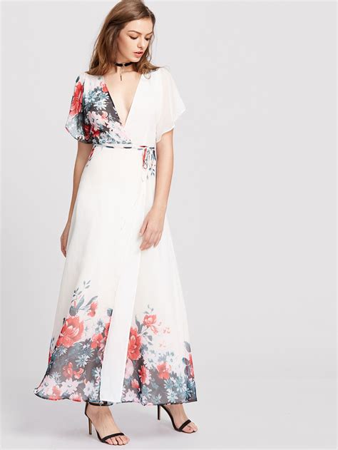 Shop Plunge Flower Print Flutter Sleeve Surplice Dress Online SheIn