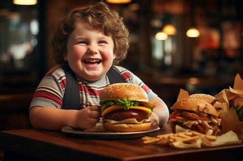 Ni O Alegre De A Os Disfrutando De Una Hamburguesa En El Caf Ai